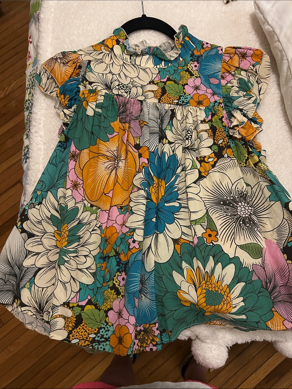Lavender Brown Floral Ruffle Dress - Teal, Yellow, Pink, Cream